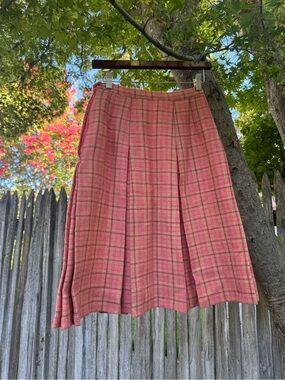 Vintage Sears Pink & Yellow Plaid Wool Pleated Midi Skirt